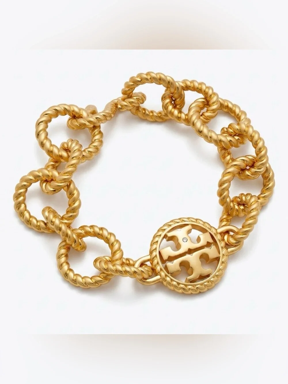 NWT Tory Burch Twisted Rope-Link Gold Chunky Logo Medallion Bracelet Chain